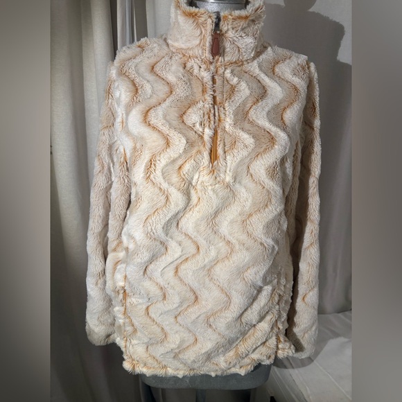 Simply Southern SOFT Ripple Sherpa Pullover Cream & Gold Plush 3/4 Zip Sz Medium - Picture 2 of 14